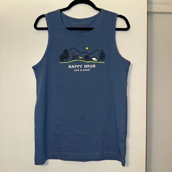 Life is Good Unisex Blue Tank Top Hiking Mountain Dog Print Size Small NWT - Picture 1 of 8
